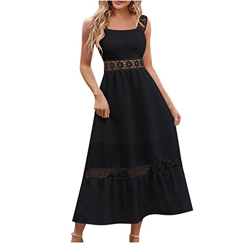 Damen Kleider Sommer Ärmellos Spitzenkleid Lang Schulterfreies Sexy Trägerlos Off Shoulder Rückenfrei Spitzenbesatz Midikleid Swing A-Line Leicht...