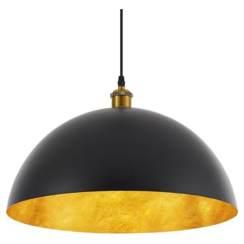 ELYCCUPA 18” Large Industrial Pendant Light with Gold Leaf Shade Adjustable Dome Pendant Lighting Fixtures Modern Chandelier for Dining Room Kitchen Island Living Room, Matte Black, UL Listed Cover