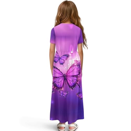 Short Sleeve Dresses for Girls Elastic Waist Maxi Dress with Side Pockets Casual Sundress2