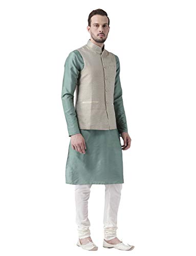 Kisah Men Green Cream Solid Banarasi Kurta With Churidar Nehru Jacket, Full Sleaves, Knee Length, Straight, Regular Fit, Mandarin Collar Ethnic Wear