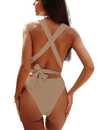 Image of Lilosy Sexy Tie Criss Cross Plunge One Piece Thong Swimsuit High Cut Brazilian Bathing Suit