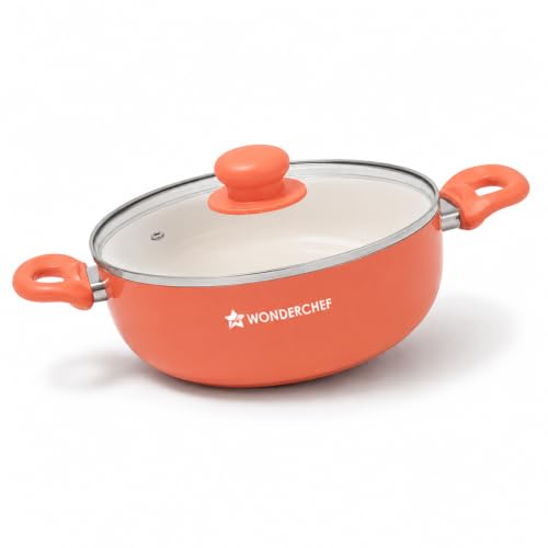 Image of Wonderchef Natura Ceramic Casserole & Glass Lid for Cooking, 24cm, 4.5L, Non-Toxic Chemical-Free Coating, PFOA /PFAS-Free, Scratch-Resistant, Gas & Induction Compatible, 2-Yr Warranty, Peach