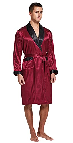 Tony & Candice Men's Satin Robe Lightweight Long Sleeve Silk Kimono Bathrobe With Shorts Set Sleepwear（Medium, Burgundy With Black Collar) #TOP3