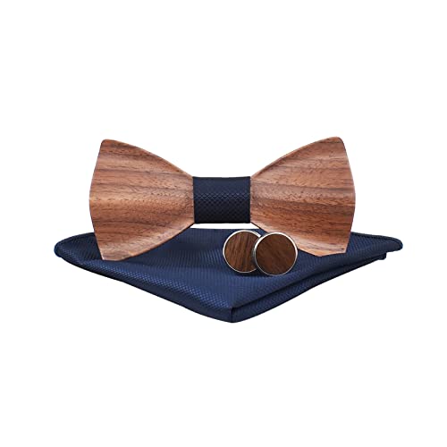 Mr.Van Hölz Fliege Herren Klassische Handgearbeitetes Holzfliege Set Mit Natürlicher Hölzerner Krawatte für Hochzeiten Aufführungen Abschlussball (Mit Manschettenknöpfen Und Taschentuch)