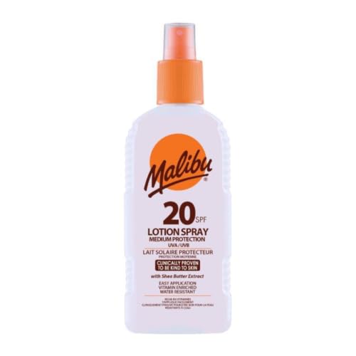 Malibu Sun SPF 20 Sun Lotion Spray with Shea Butter Extract Moisturising Sunscreen Spray for Body Lightweight Hydrating Sun Cream Water Resistant Vitamin Enriched 200ml