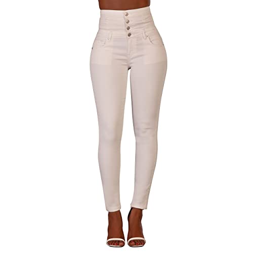 Jean Taille Haute Slim Pantalon Femme Skinny Stretch Sexy Ajusté aux Fesses, en Denim (44, Blanc) Cover