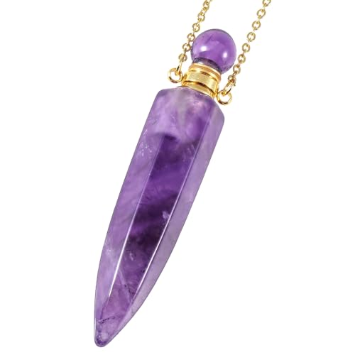 KYEYGWO Perfume Bottle Empty Vial Necklace Natural Crystal Aromatherapy Essential Oil Diffuser Pendant Necklaces Jewellery for Women Men, Amethyst