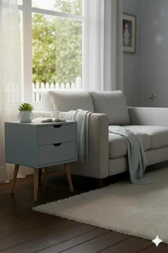 Image of Modern White Bedside Table with 2 Drawers & Wooden Legs | Compact Nightstand for Bedroom | Scandinavian Style Side Table with Storage for Home Living Room (Grey, 2 Drawer)