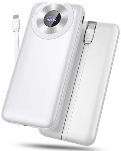 Hosgubo Power Bank 10000mAh, Portable Charger with Built in Cable 5V/3A High-Speed Charging, 4 Output 2 Input LED Display Slim Powerbank for iPhone 15/14/13, Galaxy S23/22, Tablet and etc