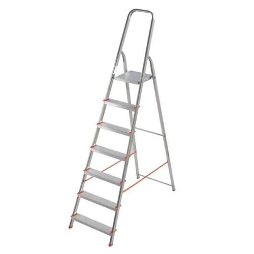 AERREGI Scala Scaletto 7 Gradini per uso professionale in Alluminio Portata 150 Kg Certificazione EN 131 Con Vano Portaoggetti