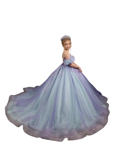 GZCYL Girls Pageant Dresses 7-16 Mint and Purple Princess Off Shoulder Flower Girls Ball Gowns
