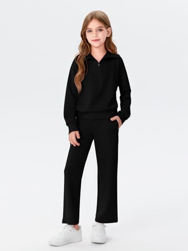 Image of Haloumoning Girls 2 Piece Outfits Sweatsuit Half Zip Long Sleeve Sweatshirts Sweatpants Tracksuit Sets 5-14 years