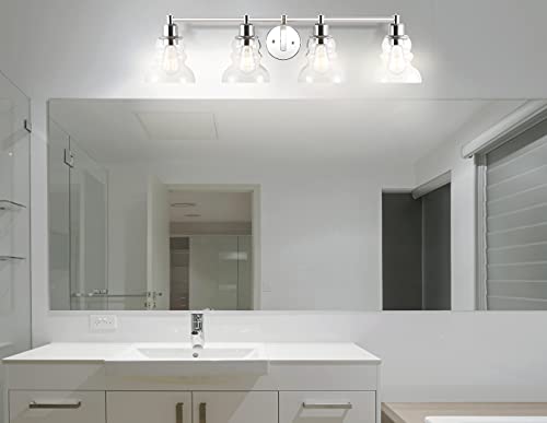 Image of JONATHAN Y 35.5 inch Chrome Modern Industrial Rustic 4-Light LED Vanity Light with Clear Glass Shade, Vintage Wall Sconce for Bathroom Kitchen Hallway, LED Bulb Included (JYL3547B)