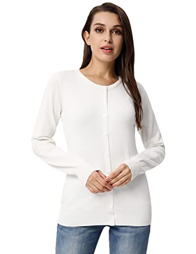 Grace Karin Women's Crew Neck Button Down Cardigan Classic Lightweight Knit Soft Long Sleeve Cardigan Sweaters Tops Large White #TOP2