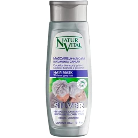 Natur Vital Silver Mask for White/Gray Hair 300 ml. Neutralizes Yellowish Tones. with Blueberry, Aloe Vera and Provitamin B5 NO PARABENS,NO SULFATES Cover
