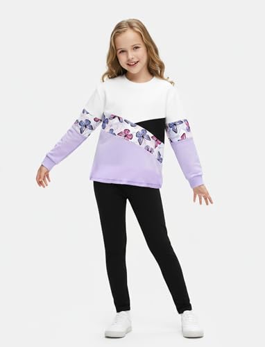 Image of PATPAT Girls 2 Piece Outfits Size 12-13 Years, Purple Butterfly Color Block Sweatshirts and Leggings Clothing Sets Sweatsuit Fall Outfits Joggers Lounge Set Tracksuit Preppy Clothes for Girls