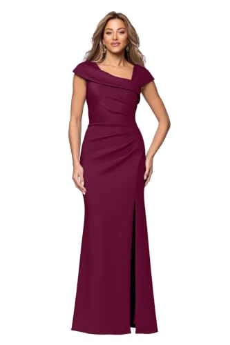 Image of Xscape Women's Long Bodycon Formal Evening Gown with Cap Sleeves, Asymmetrical Neckline, Ruched Bodice and Front Slit