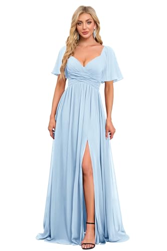 Image of Women's Flutter Sleeves Chiffon Bridesmaid Dresses with Slit Long A Line V-Neck Formal Party Dress with Pockets