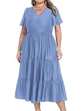 Mujer Vestido Largo Verano Elegantes Vestidos Casual V Cuello Manga Corta Primavera Vestido Playa de Fiesta Tallas Grandes Azul Gris 3XL