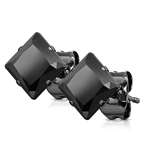 Paire de boucles d'oreilles homme femme acier diamant carre toute noir - 3mm