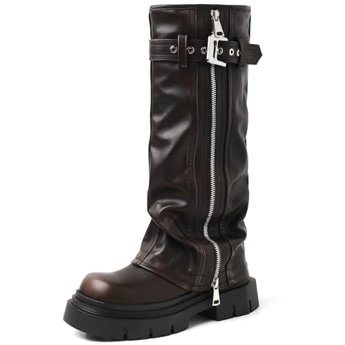 YIYA Women's Platform Fold Over Biker Knee High Boots Belt Buckle Square Toe Chunky Heel Zipper Tall Motorcycle Long Combat Boots