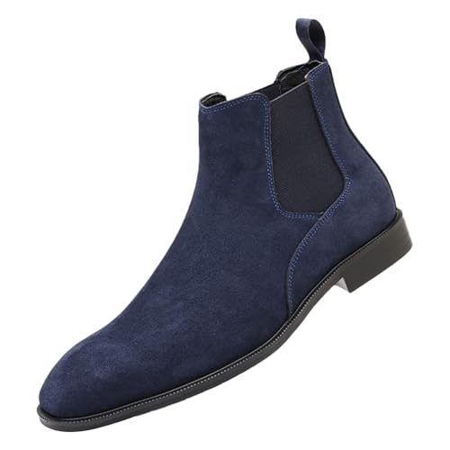 ANUFER Hommes Vache Cuir en Daim Bottes Chelsea Bout Carré Slip On Robe Bottines de Cheville Bleu Marine SN0711231 EU43