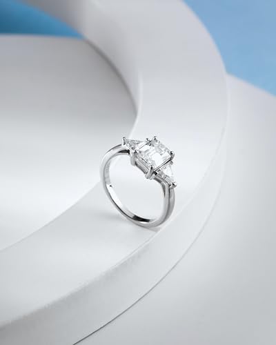 3CT Moissanite 3 Stone Emerald Cut Radiant Cut Moissanite Engagement Rings for Women, 2-1/2 Carat Sterling Silver with 18K White Gold Plated D Color VVS1 Clarity Wedding Ring Anniversary Promise Ring for Her Ring Size 5-94
