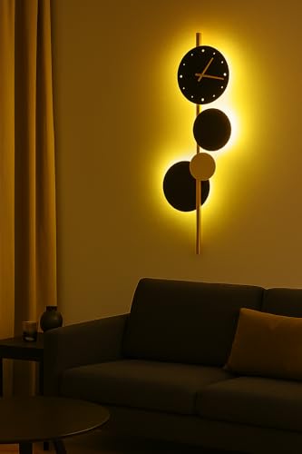 Image of blissbells Modern Abstract Wall Light with Integrated Clock, Minimalist Design in Black and Gold (Clock and Circles)