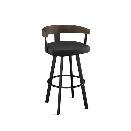 Image of Amisco Lars 26 inch Swivel Counter Height Barstool, Upholstered Stool with Solid Wood Back and Arms for Kitchen Island or Bar, Drees Stool, Black Faux Leather /Brown Wood /Black Metal