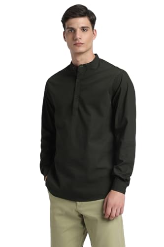 Image of Dennis Lingo Men's Cotton Solid Slim Fit Mandarin Collar Full Sleeves Casual Shirt