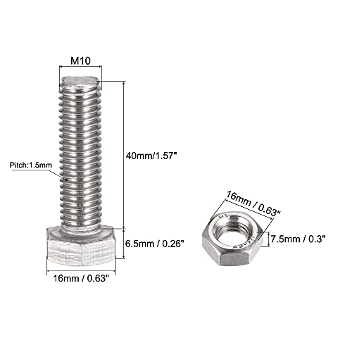 Image of uxcell M10 x 40mm Hex Head Screws Bolts, Nuts, Flat & Lock Washers Kits, 304 Stainless Steel Fully Thread Hexagon Bolts 8 Sets