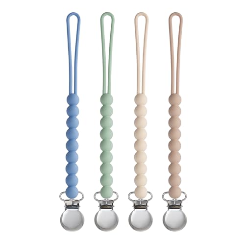 Image of Pacifier Clip for Boys Girls - MORIBOX 4 Pack Paci Clip Soothie Baby Binky Holder for Shower Gift Birthday (Beige+Dbeige+Blue+Sage)
