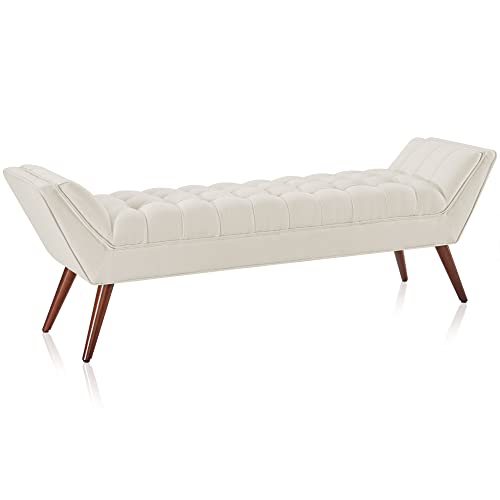Image of BELLEZE 63 Inch Mid Century Modern Ottoman, Contemporary Upholstered Linen Fabric Bench with Wood Legs, Accent Furniture for Living Room, Bedroom, Entryway - Moreno (Natural)