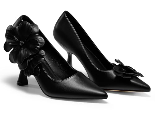 Coutgo Womens Stiletto High Heels Flower Dress Shoes Closed Pointed Toe Slip on Wedding Party Formal Pumps, Black, Size 9