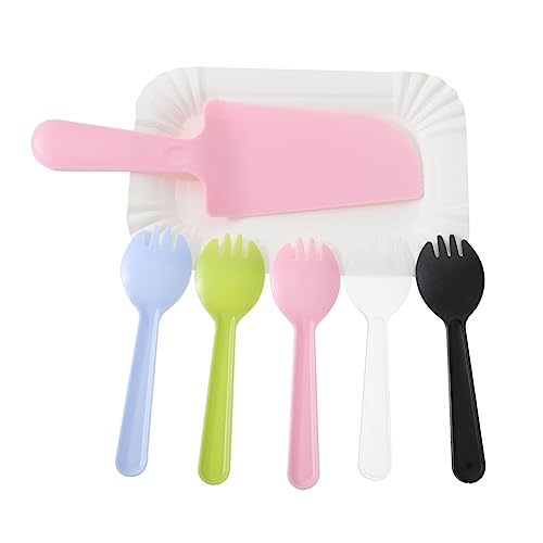 Ipetboom Disposible Cake Knife Fork Tray Set 50pcs Paper Plates Heavy Duty Plastic Cutlery for Birthday Banquet Random Color