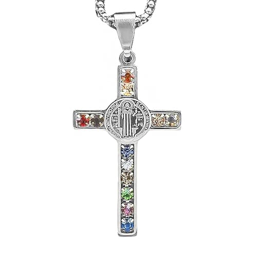 St. Benedict Exorcism Cross Necklace 12 Tribes of Israel & Holy City Jerusalem Gemstones, Gold & Silver Plated Titanium Steel Religious Protection Jewelry