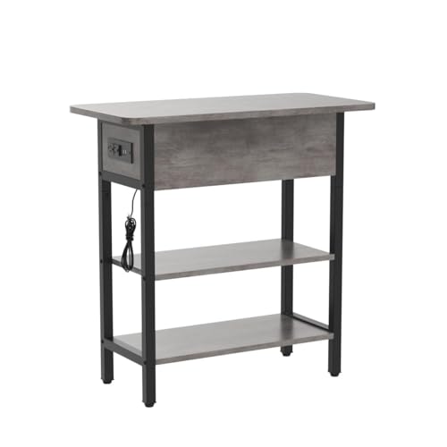 Image of Yoobure End Table with Charging Station, Flip Top Side Table with USB Ports and Outlets, Sofa Couch Table Bedside Table for Living Room Bedroom, Narrow Nightstand with Shelves for Small Space Gray