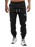 KUNJLELP Mens Cargo Joggers Multi-Pocket Design Cotton Work Trousers for Casual Outdoor Hiking UK,Black 04,L