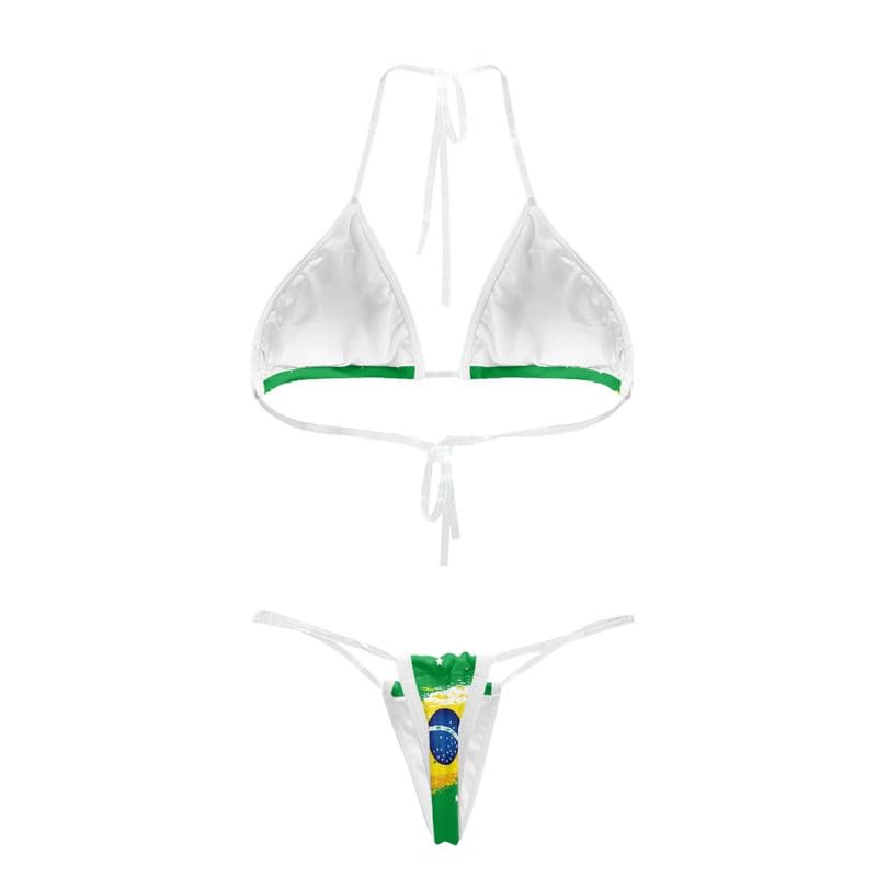 Women's Transparent Triangle Bikini Set, 2 Pcs Swimsuit Hot Swimwear, Sexy Thong Triangle Top Deep V Neck Flag Print3