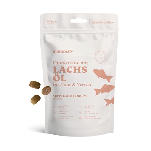 Lachsöl Drops für Hunde - 60 Leckerli (110g) von mammaly - Mit Lachs, Vitamin D & Omega 3 für Haut und Fell/Skin & Coat, Fellpflege & Hautpflege - Kann bei Haarausfall unterstützen für deinen Hund