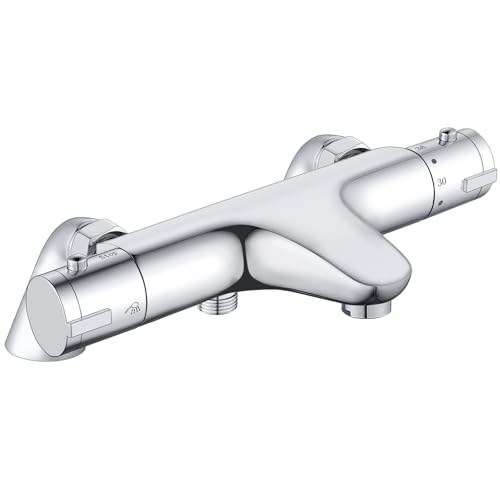 Thermostatic Bath Shower Mixer, Bevankly Exposed Thermostatic Shower Mixer Taps Valve Anti Scald Tap, Deck Mounted Bath Shower Mixer Bar with Anti-Scald Control Valve, Brass, 180mm