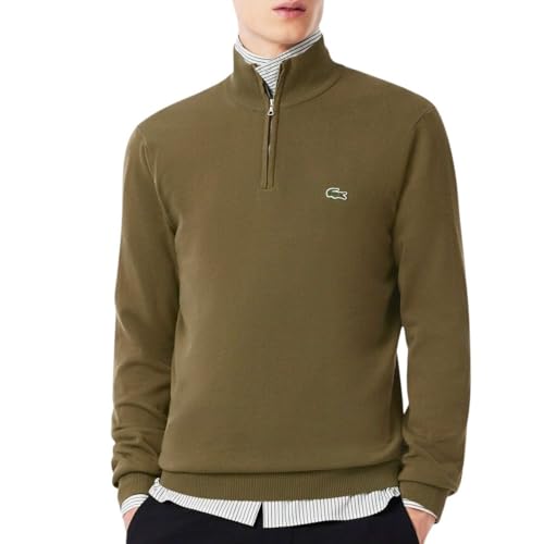 Lacoste Sudadera con logotipo de media cremallera para hombre, color verde oliva E9F
