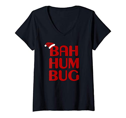 Mujer Christmas Bah Humbug Shirt-Xmas Humbug Santa Hat Tee Camiseta Cuello V
