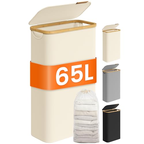 SONGMICS Cesto Portabiancheria con Coperchio, Cesta per Bucato, 65L, Salvaspazio, Sacco Rimovibile, Tessuto Oxford, Manici di Bambù, Pieghevole, 42 x 22,5 x 70,5 cm, Bianco Crema LCB506W01