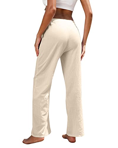 Women Linen Pants High Waisted Wide Leg Lounge Straight Summer Casual Loose Trousers with Pockets White4