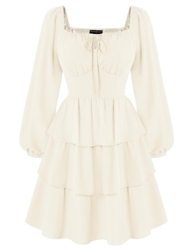 Scarlet Darkness Renaissance Dress for Women Square Neck Long Sleeve Fall Dresses Corset Pirate Costumes with Pockets Off-White XL
