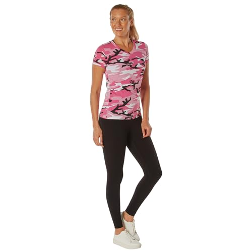 T-Shirt col en V Femme Rose Camouflage : le look militaire sans compromis