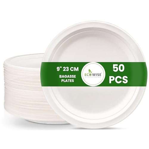 EcoWise 9 Strong Bagasse Plates Pack of 50 - EcoFriendly, Biodegradable, Microwave Safe Large Disposable Party Plates (50, 9 Inch)