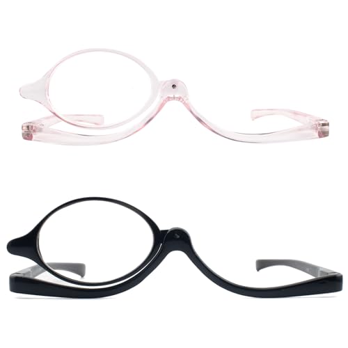 FEIVSN 2 Pack Makeup Reading Glasses for Women Flip Down Cosmetic Magnifying Readers Make Up Eyeglasses Spring Hinge, Black/Pink, +2.50