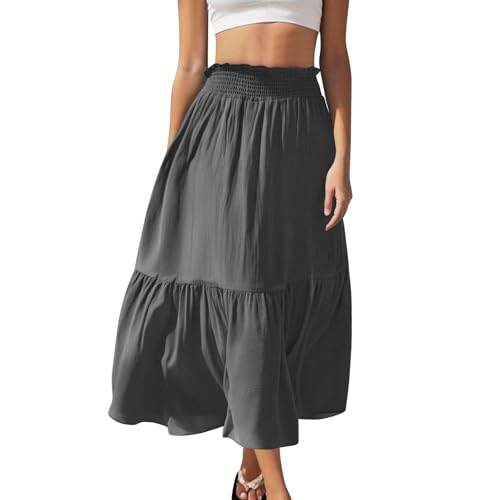 TANGNADE Womens Skirts Summer Boho Smocked Flowy Tiered High Waisted A Line Beach Skirt Cover Up Hawaiian Outfits